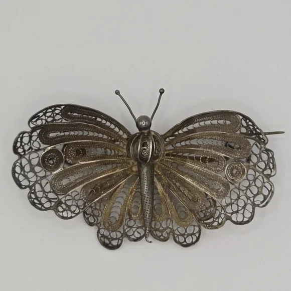 VTG Silver Filigree Butterfly Brooch Pin Pendant 1950s-60s Mid Century Jewelry - Picture 1 of 11